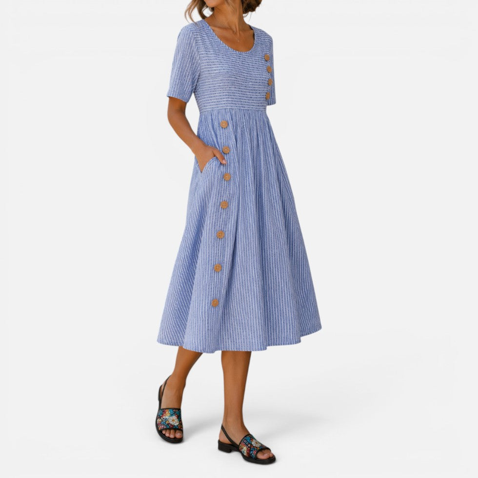 Women Striped Midi Dress Round Neck