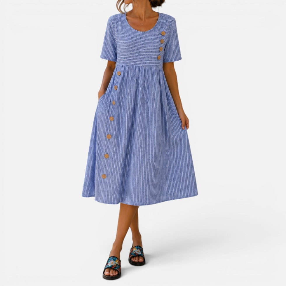 Women Striped Midi Dress Round Neck