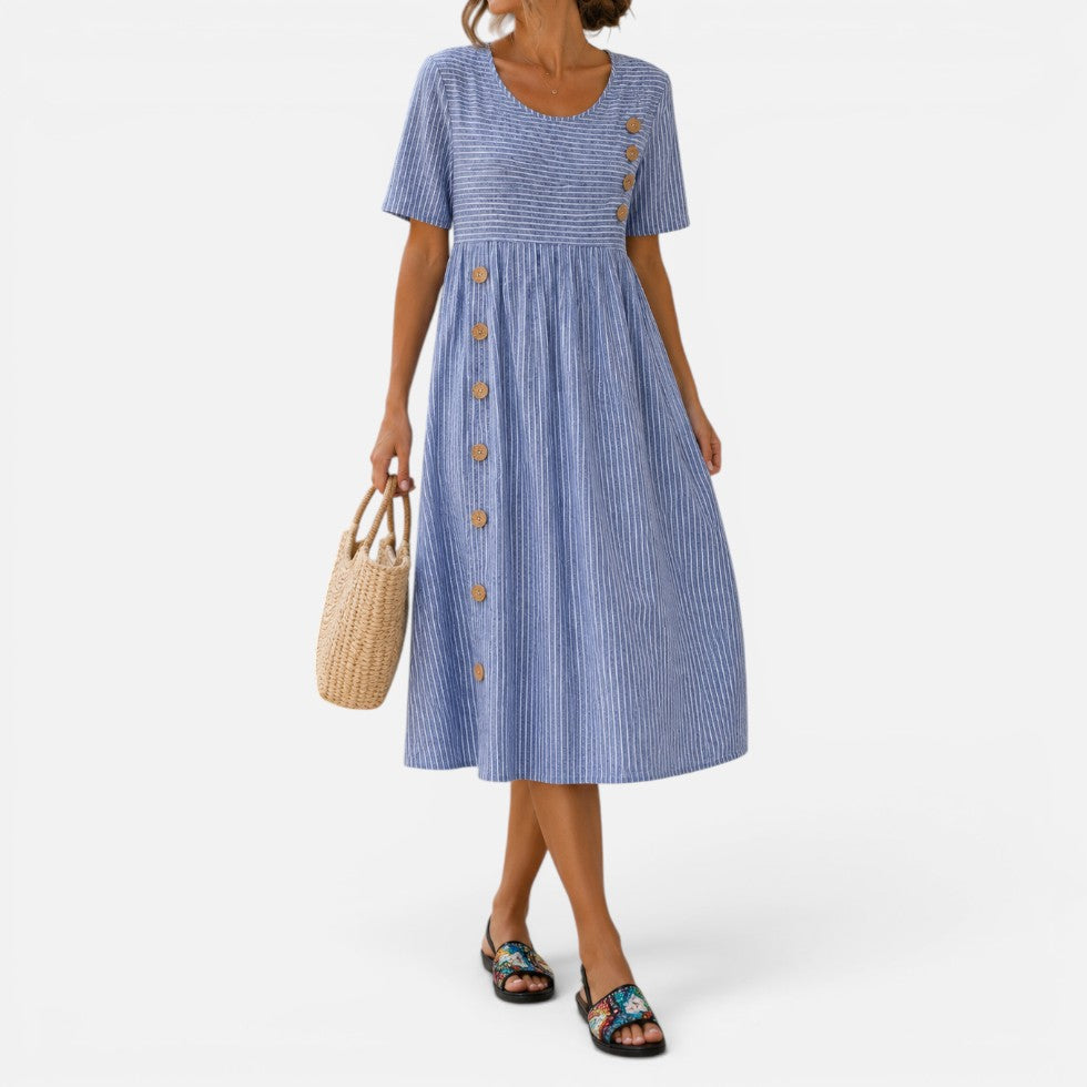 Women Striped Midi Dress Round Neck