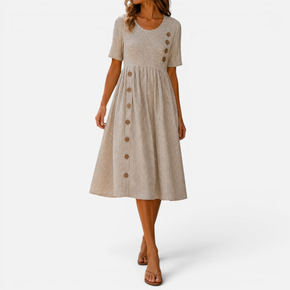 Women Striped Midi Dress Round Neck