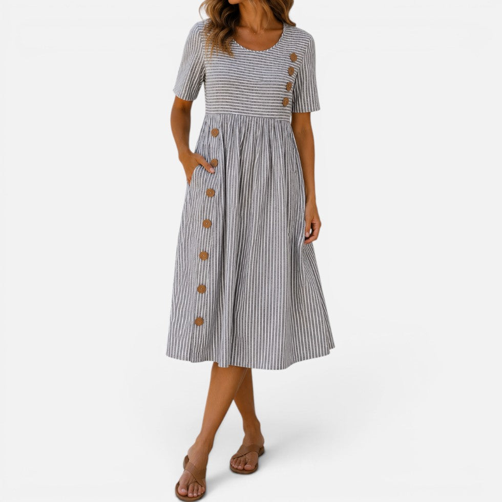Women Striped Midi Dress Round Neck